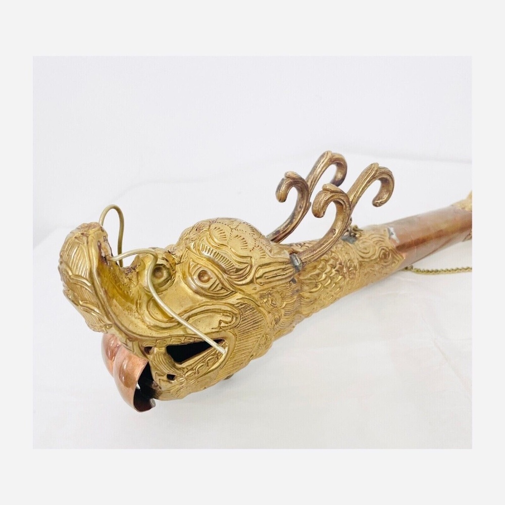 Tibet Tibetan Drogon Head Copper & Brass Horn Trumpet Ceremony Ritual EUC